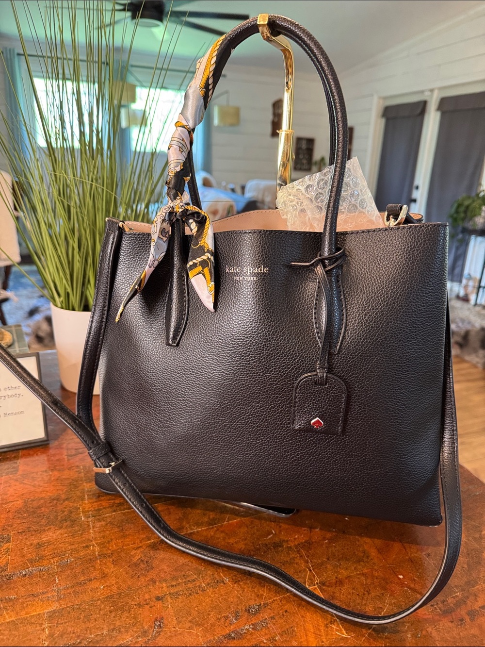 kate spade Black Pebbled Leather Satchel with Scarf Accent